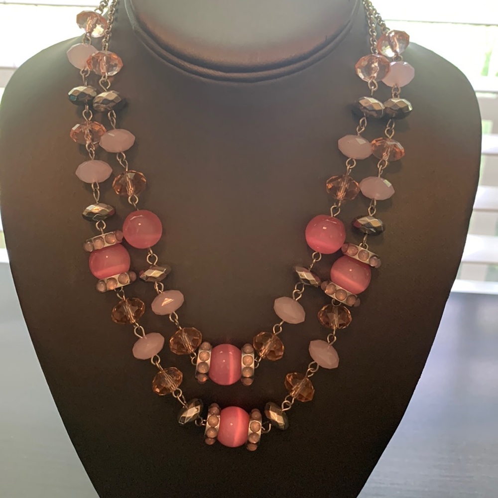 Crown Trifari Pink Bead Silver Tone Double Layered Necklace Adjustable Vintage